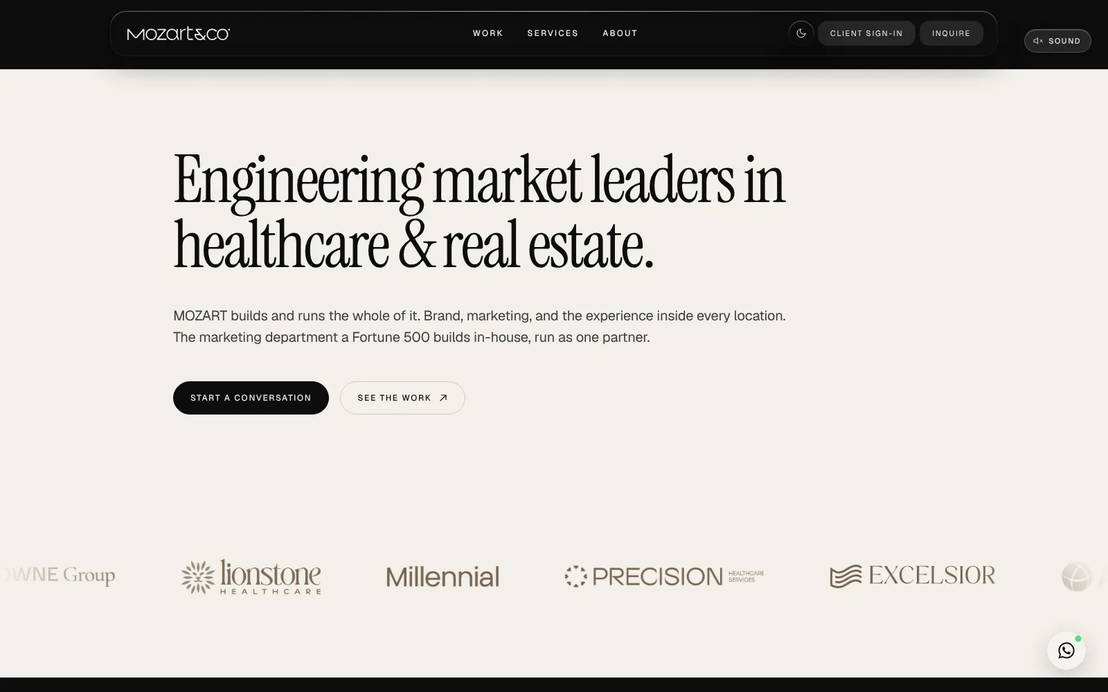 Mozart&Co. website — homepage hero, “Engineering market leaders in healthcare & real estate”, with client logos